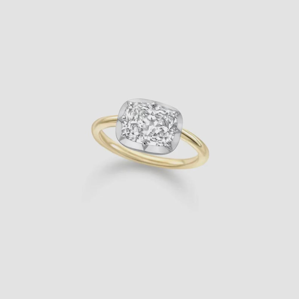 East-West Cushion Lab Diamond Ring | Georgian 18K Gold Setting